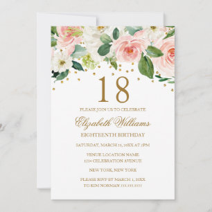 Invitation Fleurie Aquarelle Or Rose pour 18ème An