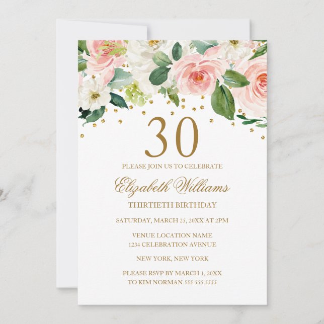 Invitation Fleurie Aquarelle Or Rose pour 30e Anni (Devant)