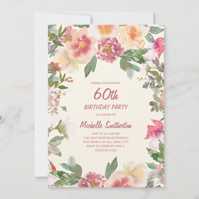 Invitation Fleurie Aquarelle Rose Pêche 60e Annive (Devant)