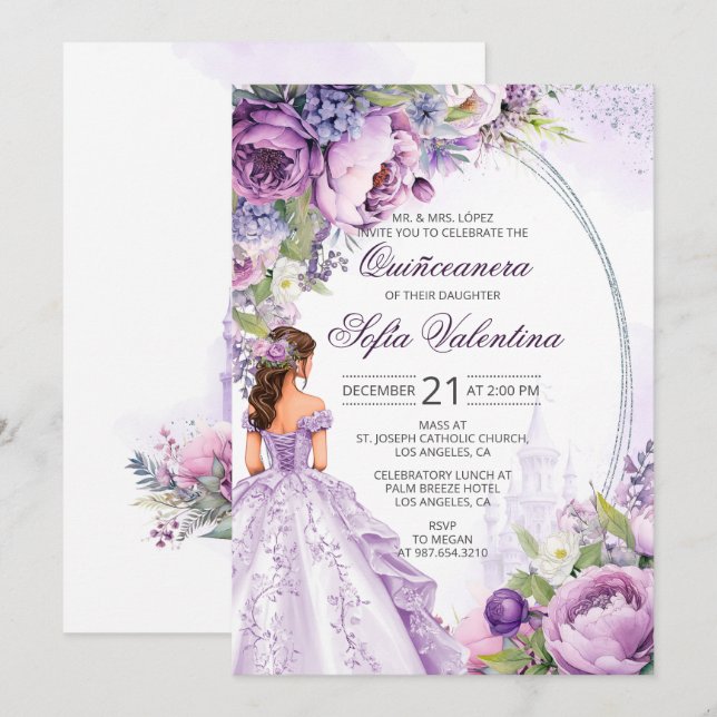 Invitation Fleurie Argent Violet pour Quinceanera (Devant / Derrière)