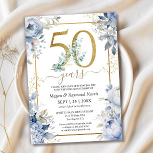 Invitation Fleurie Bleu Poussiéreux pour les 50 An