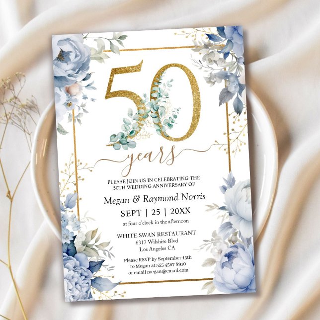 Invitation Fleurie Bleu Poussiéreux pour les 50 An (Créateur téléchargé)