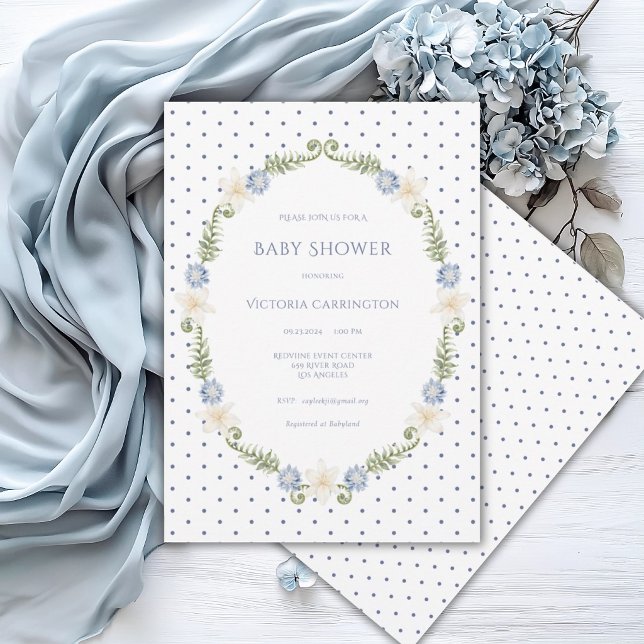 Invitation Fleurie Bleue Cadre à Points Vintage (Créateur téléchargé)