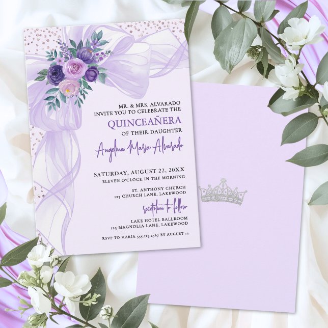 Invitation Fleurie de Quinceanera à Ruban Violet (Purple Bow Quinceanera Invitation)