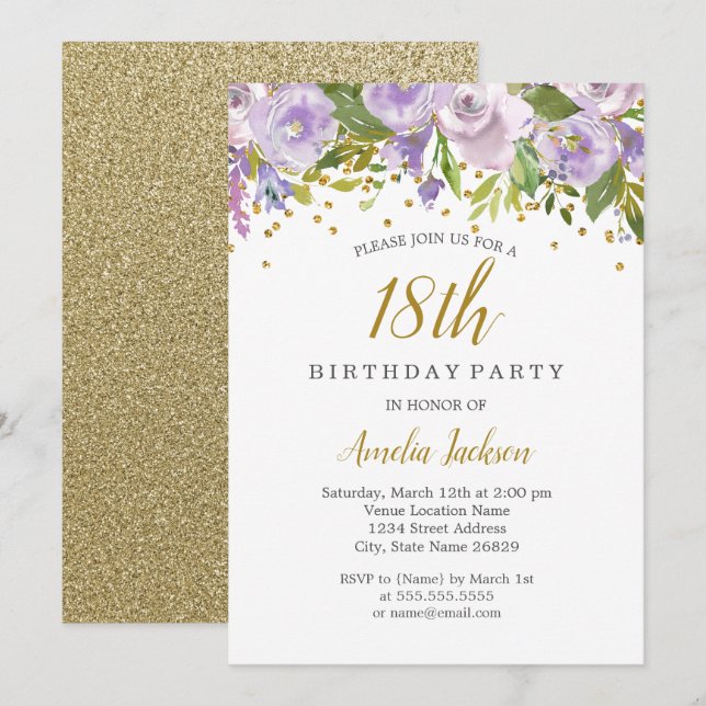 Invitation Fleurie Étincelante Violet pour les 18  (Devant / Derrière)