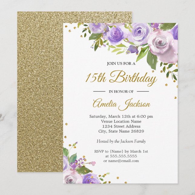 Invitation Fleurie Étincelle Or Violet pour 15e An (Devant / Derrière)