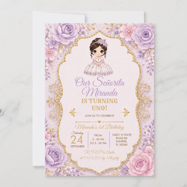 Invitation Fleurie Lavande pour le Premier Anniver (Devant)