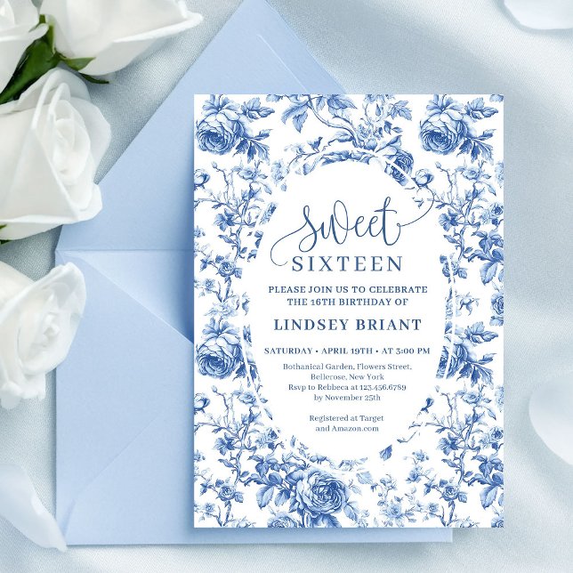 Invitation Fleurie Numérique Bleu Marine pour 16e  (Navy Blue Digital Floral Invitation 16th Birthday)