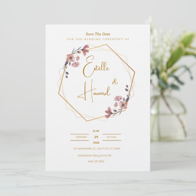 Invitation Fleurie Or et Rose Doux (Debout devant)