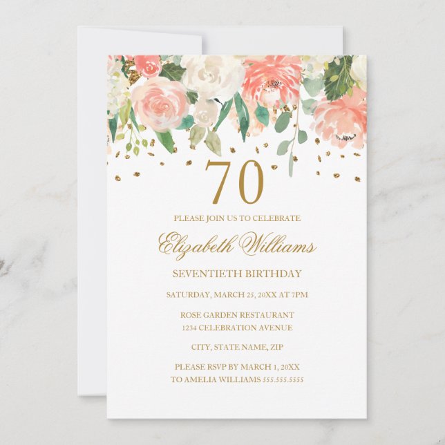 Invitation Fleurie Peach Gold pour 70e Anniversair (Devant)