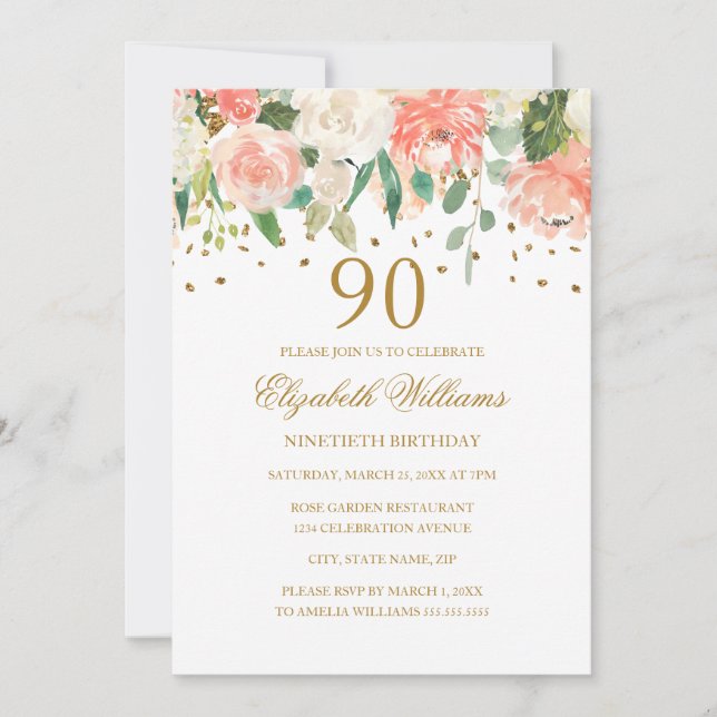 Invitation Fleurie Peach Gold pour 90e Anniversair (Devant)