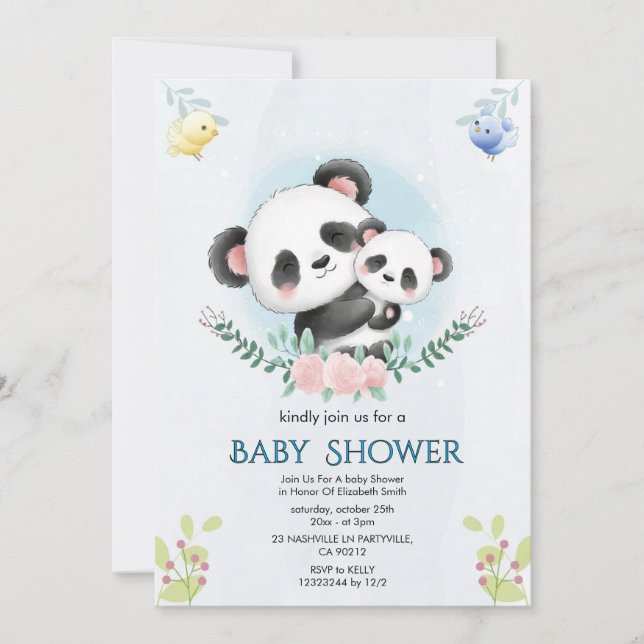 Invitation Fleurie pour Baby Shower Panda (Devant)