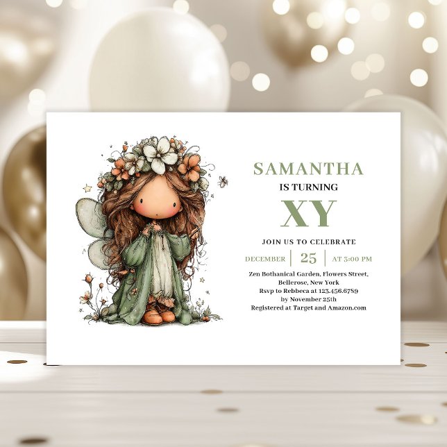 Invitation Fleurie pour les 3 Ans de la Fille Magi (Magical Fairy Girl 3rd Birthday Sage Floral Invitation)