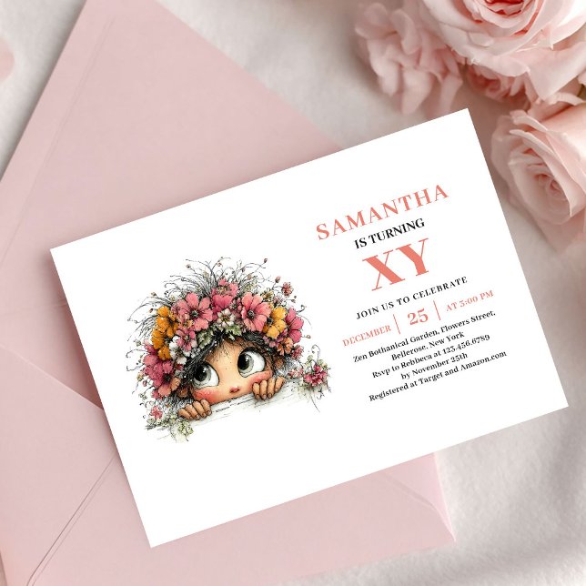 Invitation Fleurie pour les 6 ans de la Mignonne F (Cute Fairy Girl 6th Birthday Floral Blush invitation)
