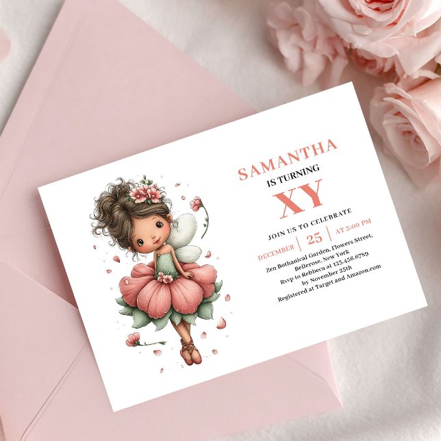 Invitation Fleurie Rose Anniversaire Fée Lumineuse (Glowing Fairy Girl Birthday Floral Pink invitation)