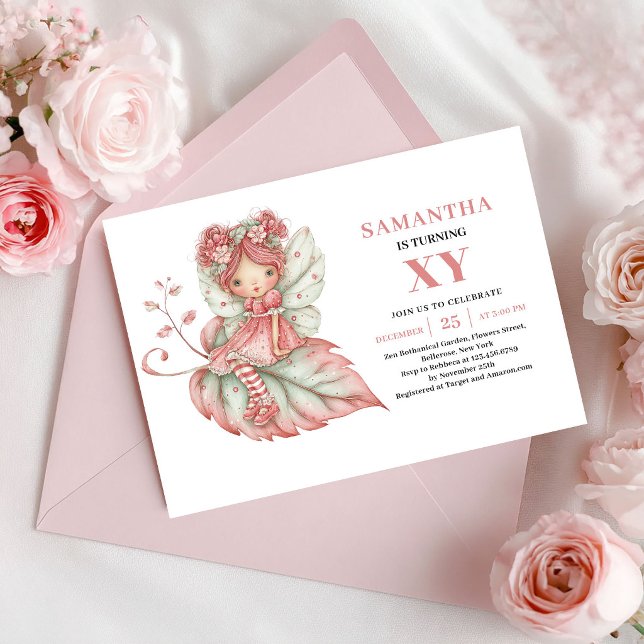 Invitation Fleurie Rose Anniversaire Fille Magique (Magical Fairy Girl Birthday Floral Pink Invitation)