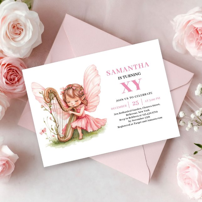 Invitation Fleurie Rose Anniversaire Petite Fée Mi (Cute Fairy Girl Birthday Floral Pink invitation)