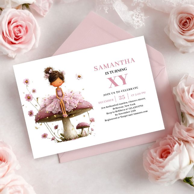 Invitation Fleurie Rose Anniversaire Petite Fée Mi (Cute Fairy Girl Birthday Floral Pink invitation)