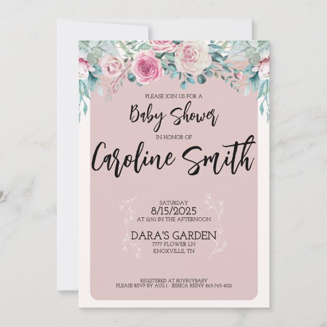 Invitation Fleurie Rose pour Baby Shower (Devant)