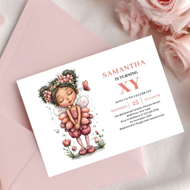 Invitation Fleurie Rose pour l'Anniversaire de la  (Delightful Fairy Girl Birthday Floral Pink invitation)