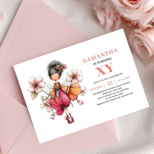 Invitation Fleurie Rose pour l'anniversaire de la  (Dainty Fairy Girl Birthday Floral Pink invitation)