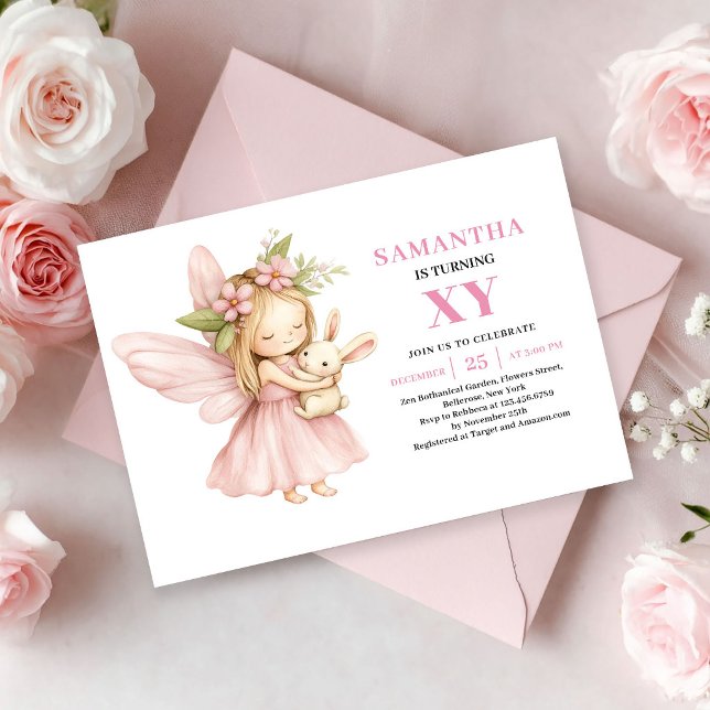 Invitation Fleurie Rose pour l'Anniversaire d'une  (Cute Pink Fairy Girl Birthday Floral Blush invitation)