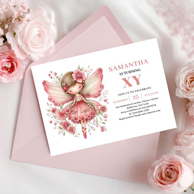 Invitation Fleurie Rose pour l'Anniversaire d'une  (Cute Fairy Girl Birthday Floral Pink Invitation)