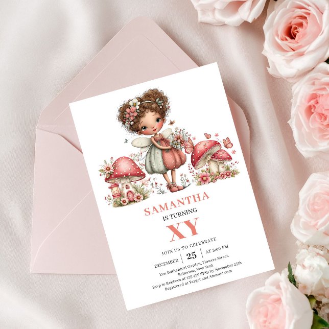 Invitation Fleurie Rose pour le 4ème Anniversaire  (Princess Fairy 4th Birthday Pink Floral Invitation)