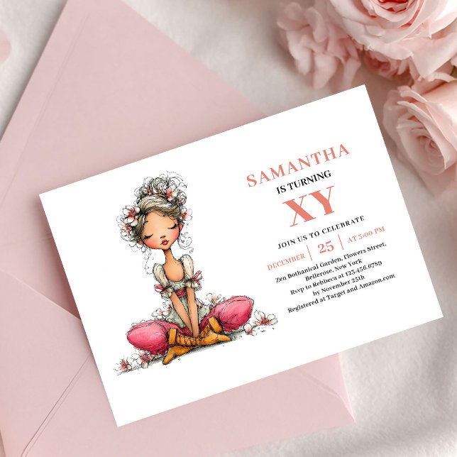 Invitation Fleurie Rose pour les 2 ans de la Migno (Cute Fairy Girl 2nd Birthday Floral Pink invitation)