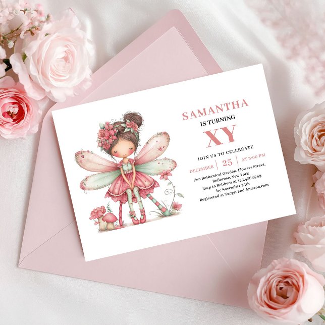 Invitation Fleurie Rose pour les 2 ans de la Migno (Cute Fairy Girl 2nd Birthday Pink Floral Invitation)