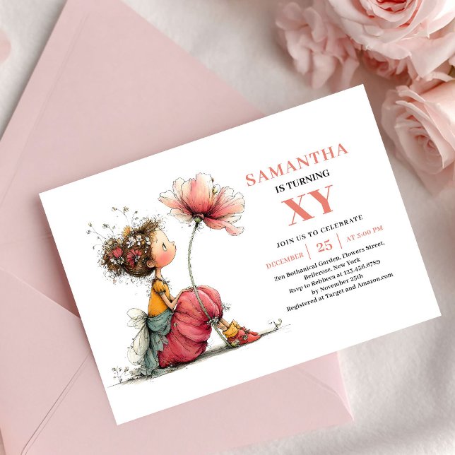 Invitation Fleurie Rose pour les 4 ans de la Douce (Sweet Fairy Girl 4th Birthday Pink Floral invitation)