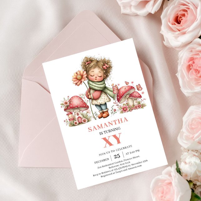 Invitation Fleurie Rose pour les 8 ans de la Fée D (Daisy Fairy 8th Birthday Pink Floral Invitation)