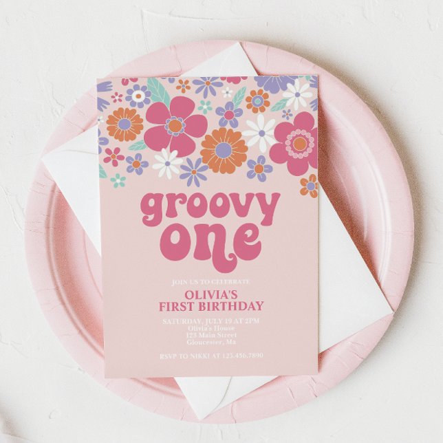 Invitation Fleurie Rose Rétro Groovy (Créateur téléchargé)
