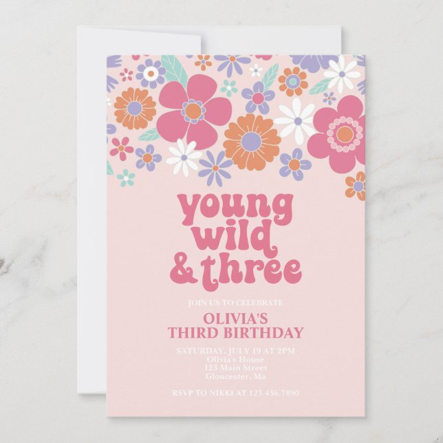 Invitation Fleurie Rose Rétro Young Wild Trois (Devant)