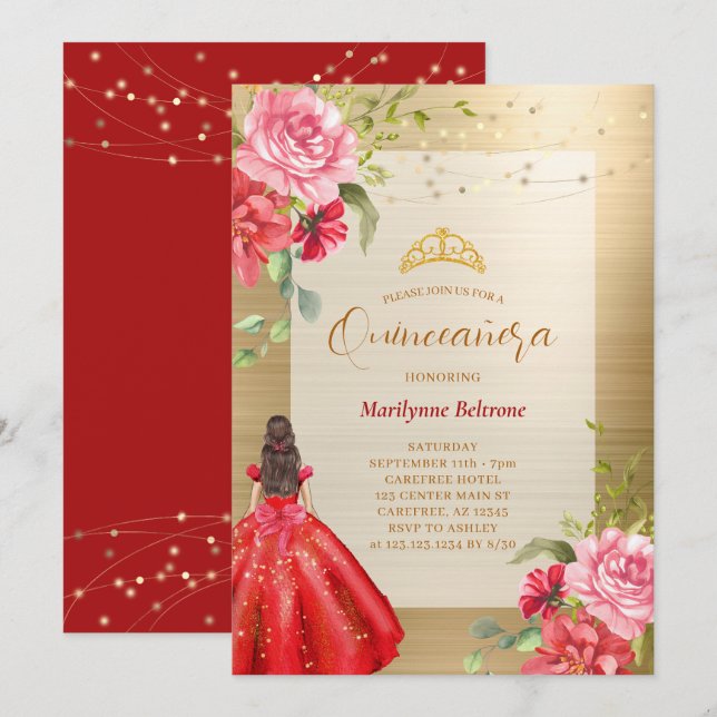 Invitation Fleurie Rouge Princesse Quinceañera (Devant / Derrière)