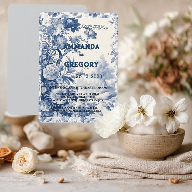 Invitation Fleurie Toile Bleue Française (Créateur téléchargé)