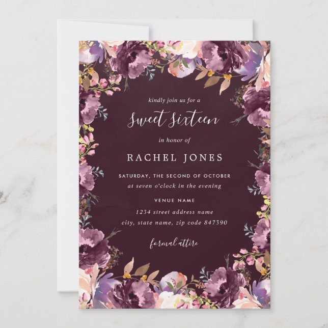 Invitation Fleurie Violette pour un Sweet 16 (Devant)