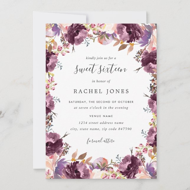 Invitation Fleurie Violette pour un Sweet 16 (Devant)