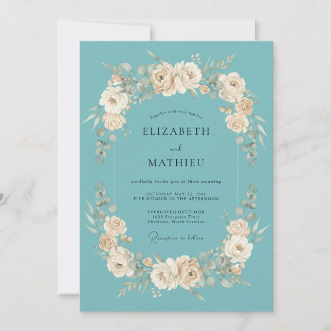 Invitation Fleurir de Crème de Teal Mariage (Devant)