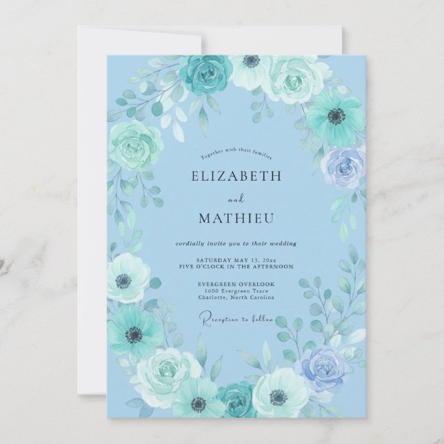 Invitation Fleurir de mariage bleu ciel (Devant)