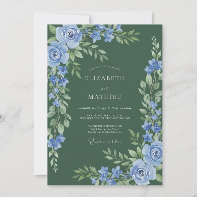 Invitation Fleurir de poussière bleue de mariage (Devant)