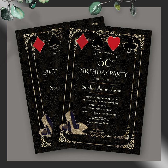 Invitation Fleurir Or Art Déco Casino Vegas Poker Anniversair (glam Art Deco birthday invitation, roaring 20s birthday invite, 50th birthday great Gatsby invite)