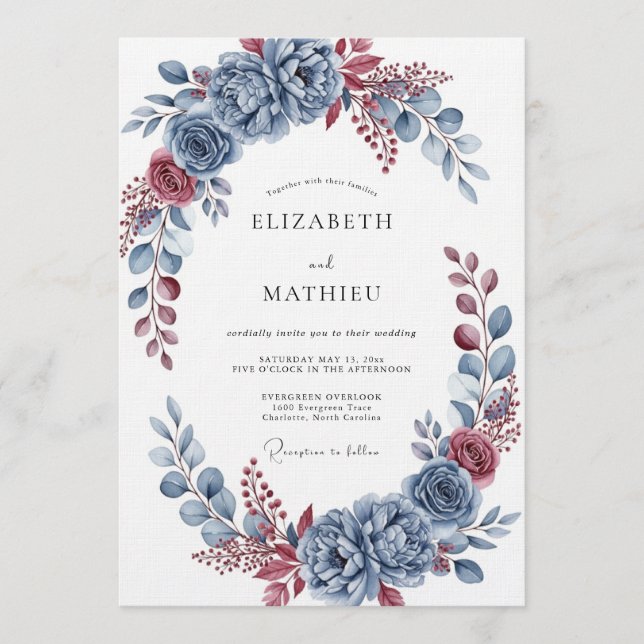Invitation Fleurissement Botanique Bleu Ardoise pour Mariage (Devant)