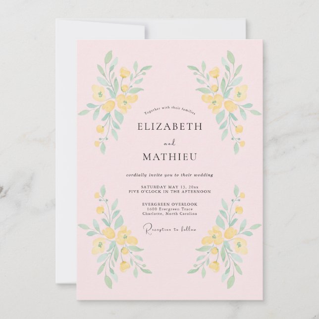 Invitation Fleurissement Botanique Jaune Pâle pour Mariage (Devant)