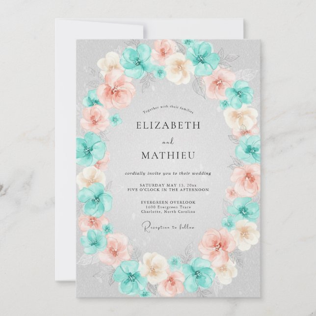 Invitation Fleurissement de corail sarcelle Mariage (Devant)