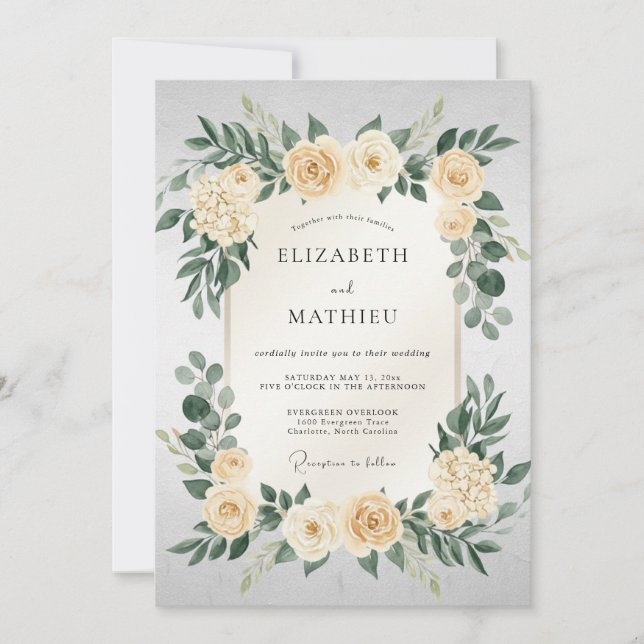 Invitation Fleurissement de Crème pour Mariage (Devant)