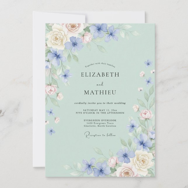 Invitation Fleurissement de fleurs bleu pâle pour mariage (Devant)