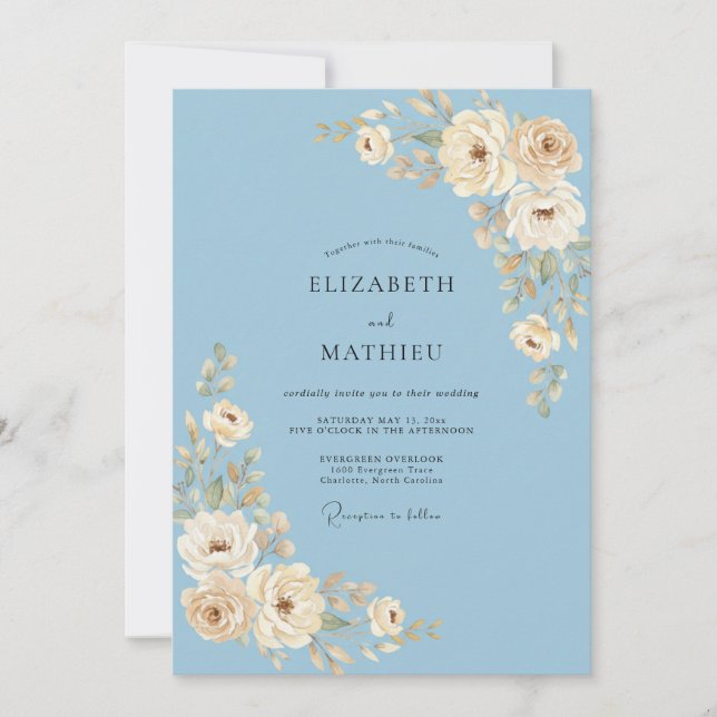 Invitation Fleurissement de mariage à la crème bleue (Devant)