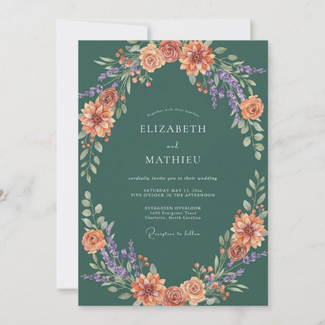 Invitation Fleurissement de mariage automnal sarcelle (Devant)