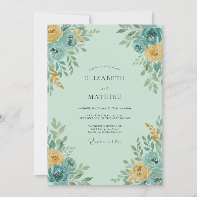 Invitation Fleurissement de mariage jaune sarcelle (Devant)